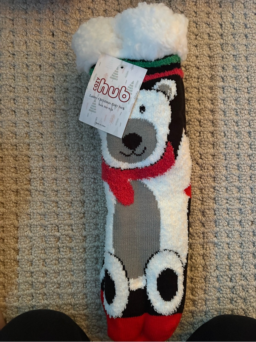 Polar Bear Fuzzy Holiday Socks - White/Red